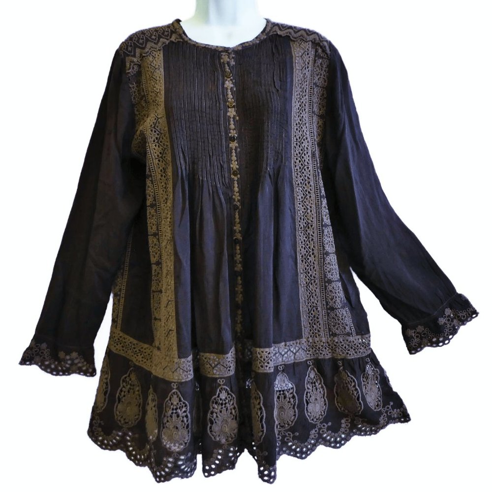 Johnny Was Boho Tunic Dress Chocolate Brown Embroidered Inset Lace Scallop M